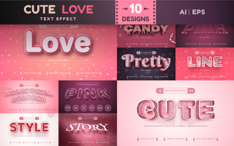 设置10个可编辑的爱的文字效果|字体样式，设计插图