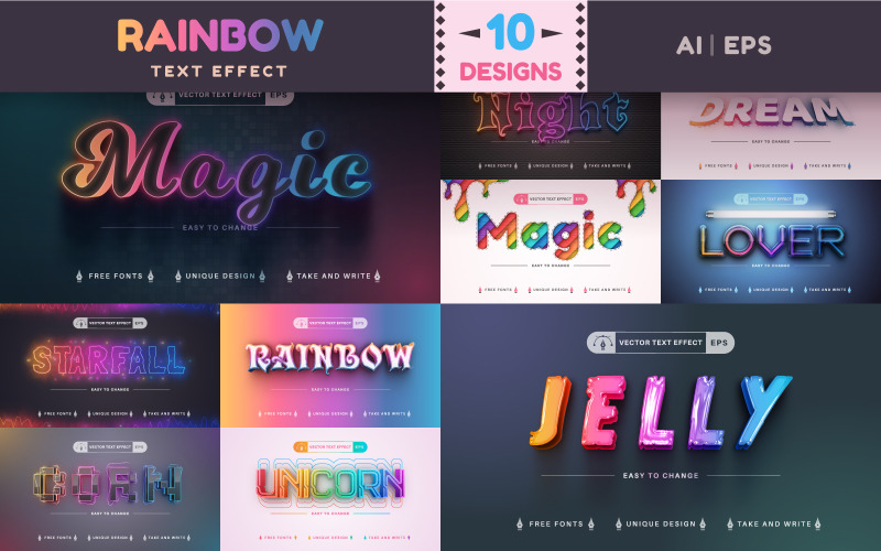 Set 10 Rainbow Editable Text Effects, Font Styles, Design Illustration