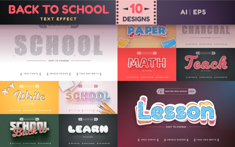Set 10 School Editable Text Effects | Font Styles, Design Illustration