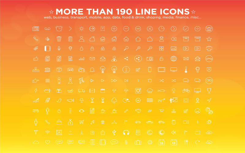 190 linjers ikonsamling | AI, EPS | Lätt att redigera|