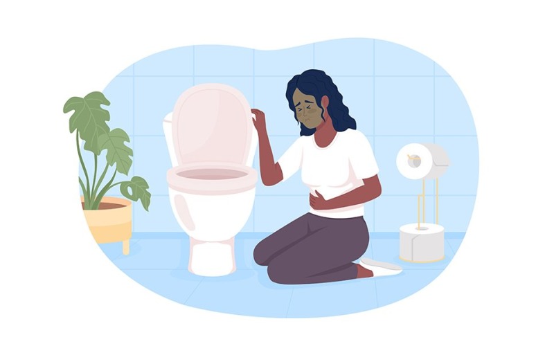 Kobieta cierpi na nudności w łazience 2D ilustracji wektorowych na białym tle
