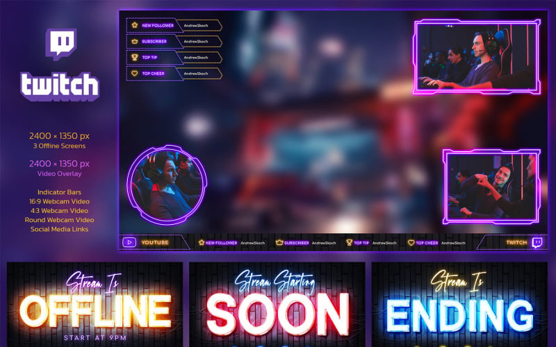 Modelos Neon Gaming Twitch Overlay