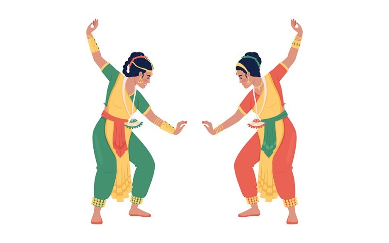 Donne che eseguono danza spirituale su caratteri vettoriali a colori semi piatti Diwali