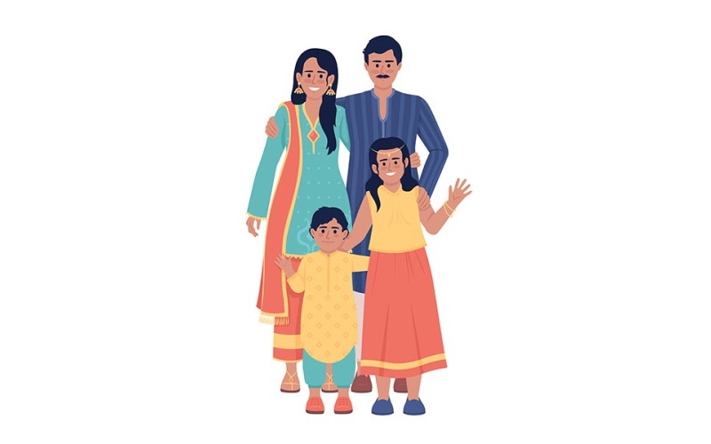 家庭穿着印度民族服装矢量人物半平面颜色