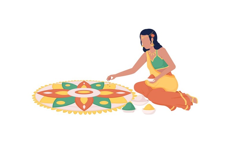 Femme en saree faisant caractère de vecteur de couleur semi plat motif rangoli