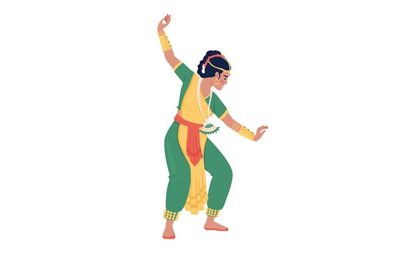 Női táncos pózol a fények fesztiválján, félig lapos színes vektoros karakter
