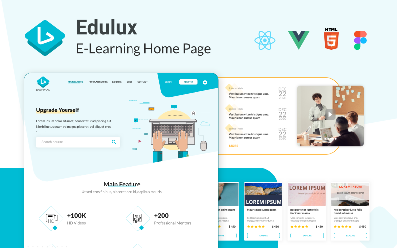 Edulux - React Vue HTML和Figma教育和电子学习登陆页模板