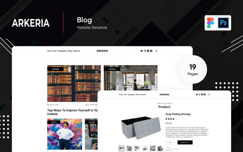Arkeria Four - Blogg och tidning Minimal Mall Figma