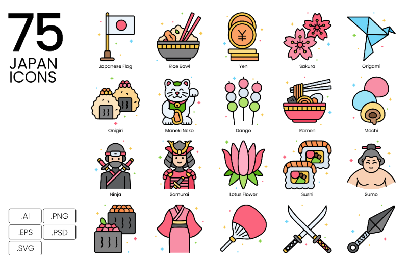 75 Japan Icon set - Levendige serie