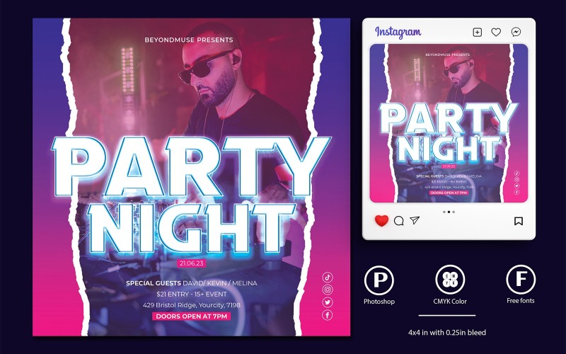 Пурпурно-розовый градиент DJ Party Night Flyer