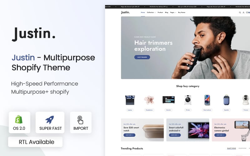 Justin - Gadget electrónico multipropósito 2.0 Tema de Shopify