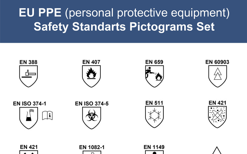 PPE Säkerhet EN Standarder Pictogram Set