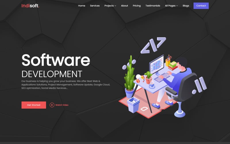 Indisoft — многоцелевой адаптивный шаблон веб-сайта для компаний-разработчиков программного обеспечения и бизнес-услуг