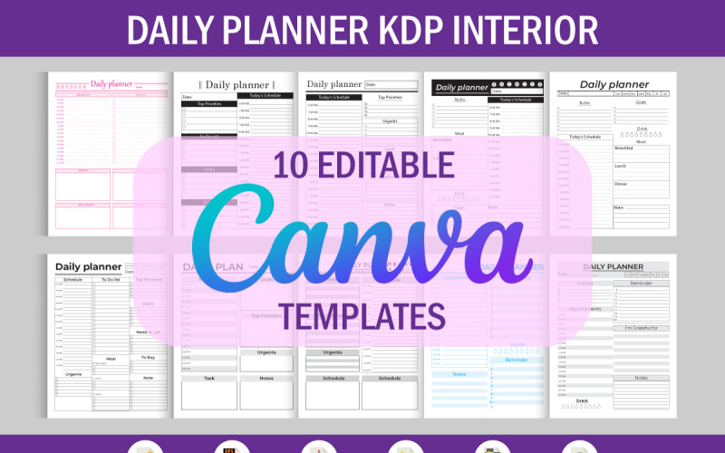 Planejador diário de 10 modelos editáveis do Canva para KDP