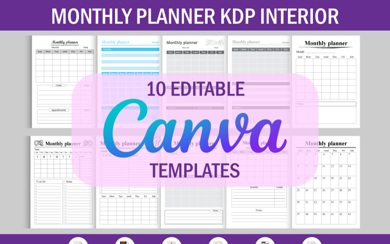 用于KDP的10个可编辑Canva模板的月度计划器