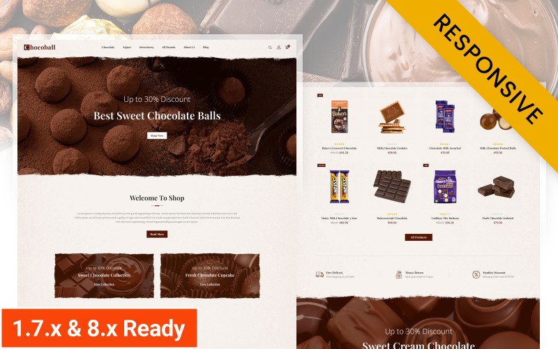 Chocoball — адаптивная тема Prestashop для магазина шоколада, выпечки и продуктов питания