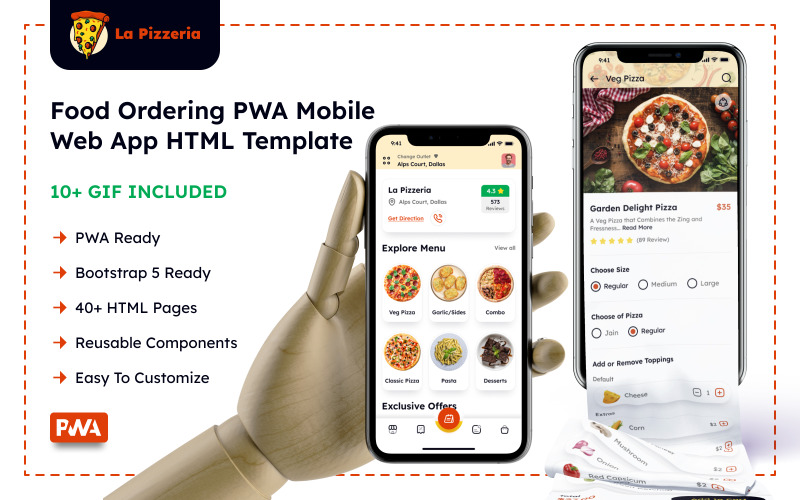 Modèle d'application Web mobile PWA de commande de nourriture en ligne / livraison de pizza - La Pizzeria