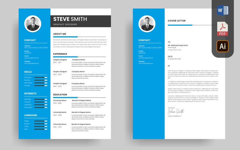 Diseño de plantilla de currículum profesional y carta de presentación de CV minimalista