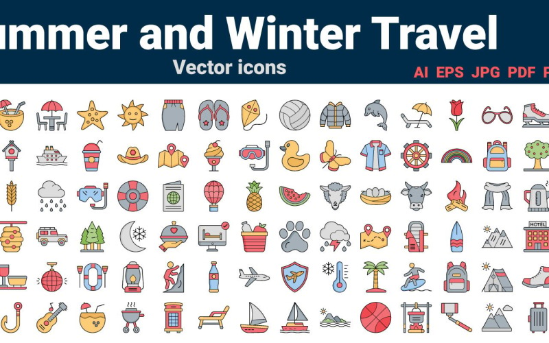 Pacchetto icone viaggi invernali ed estivi | AI | ENV | SVG