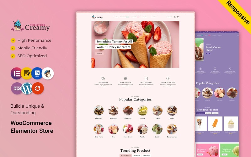 Creamy – магазин морозива, напоїв, тортів. Багатоцільовий магазин WooCommerce Elementor