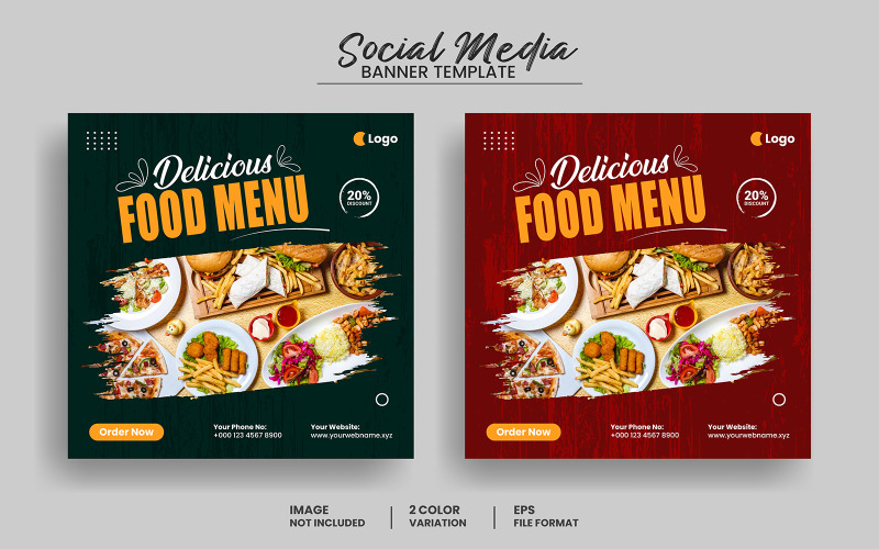 美味的食物菜单社交媒体张贴横幅模板和Instagram张贴横幅布局