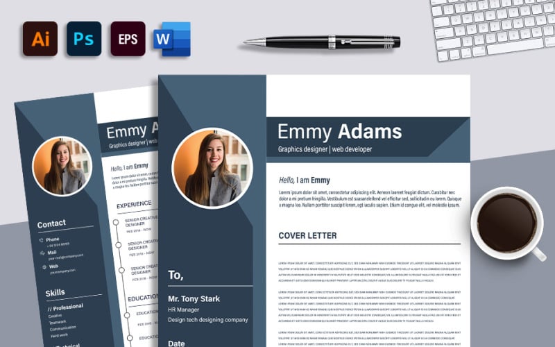 Emmy Adams -Morden Elegante Lebenslaufvorlage mit Anschreibenvorlage