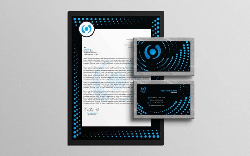 Papel timbrado e cartão de visita moderno e criativo em preto e azul - identidade corporativa