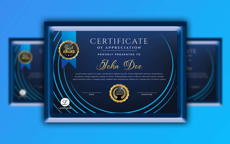 Luxo Profissional Preto e Azul Elegante - Modelo de Certificado