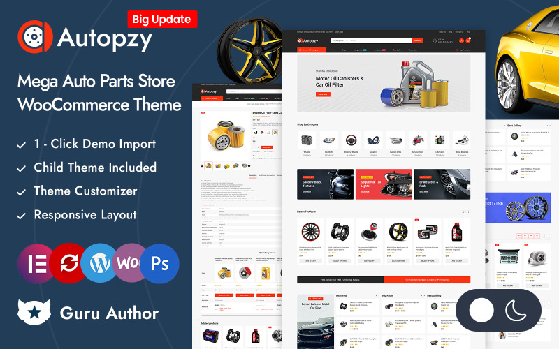 Autopzy - Tema adaptable Elementor WooCommerce para tienda de repuestos y herramientas de automóviles