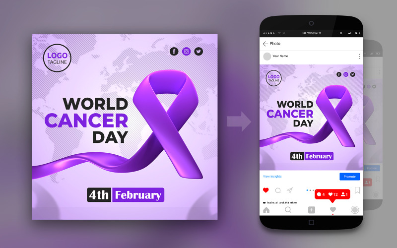 世界癌症日3D和简单的社交媒体帖子设计