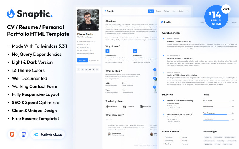 Snaptic - Modèle de site Web HTML5 simple et moderne de portefeuille