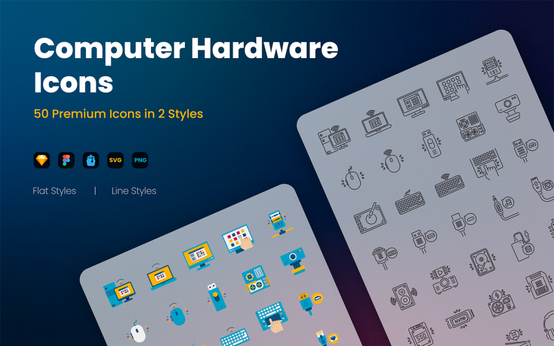 50 conjunto de iconos de estilo dual de hardware de computadora