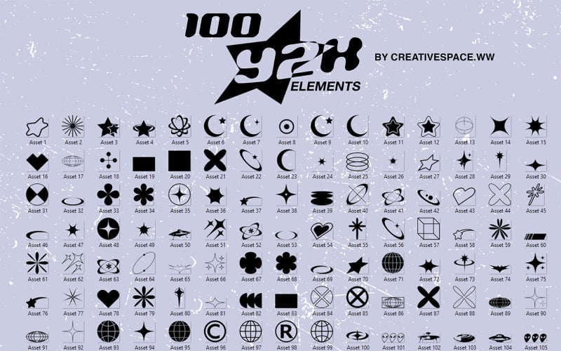 Y2K美学图标(100个资产用于徽标，平面设计，服装)