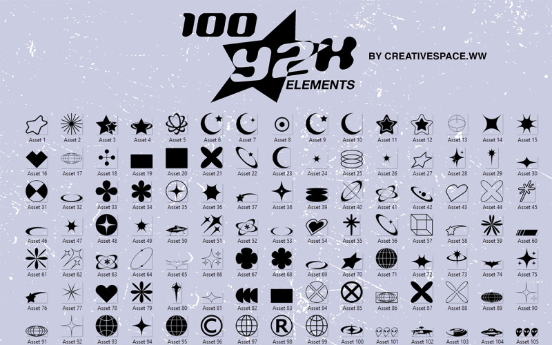 Y2K Estetiska ikoner (100 tillgångar för logotyper, grafisk design, kläder)