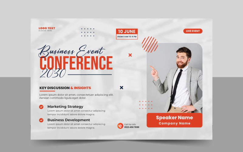Анотація бізнес конференції flyer шаблон. краєвид дизайн банерного плаката для вебінару в прямому ефірі