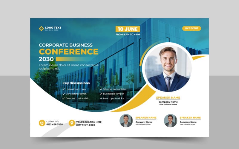 Modelo de panfleto de conferência de negócios ou banner de evento horizontal de webinar