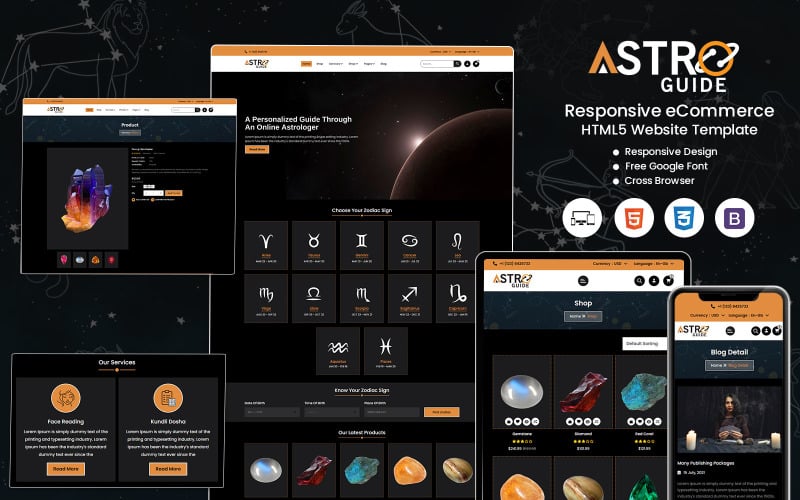 AstroGuide – přizpůsobitelná šablona HTML astrologie pro horoskopy, tabulky narození a duchovní vhled