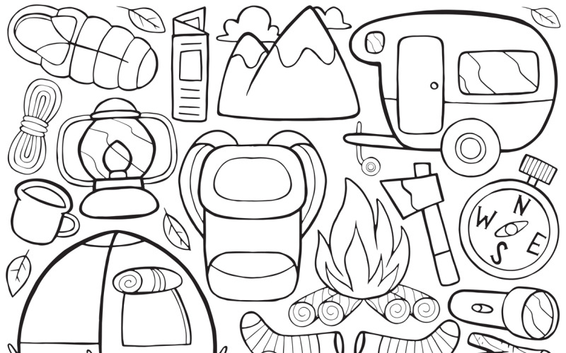 Camping doodle vector lijntekeningen #01