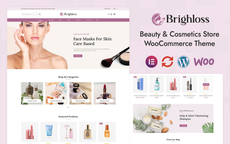 Brighloss — магазин косметики и косметики Elementor Адаптивная тема для WooCommerce