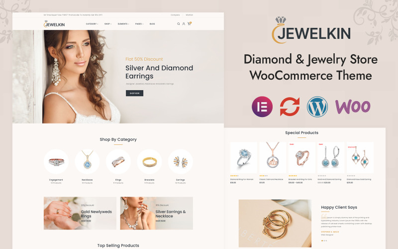 Jewelkin – магазин діамантів і ювелірних виробів Elementor Адаптивна тема WooCommerce