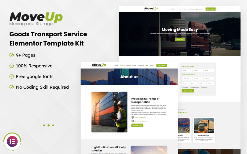 MoveUp - Kit de plantilla Elementor de servicio de transporte de mercancías