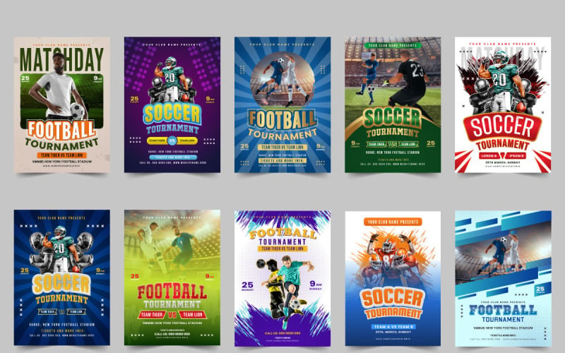 Pacchetto di modelli di layout per poster di eventi sportivi e set di design per volantini per tornei di calcio