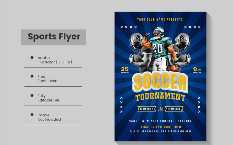 Soccer sports flyer template and football championship tournament poster layout design