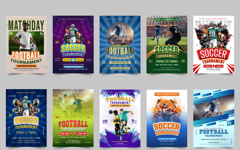 Sportevenemang affisch layout designmall bunt och fotboll turnering flyer design set