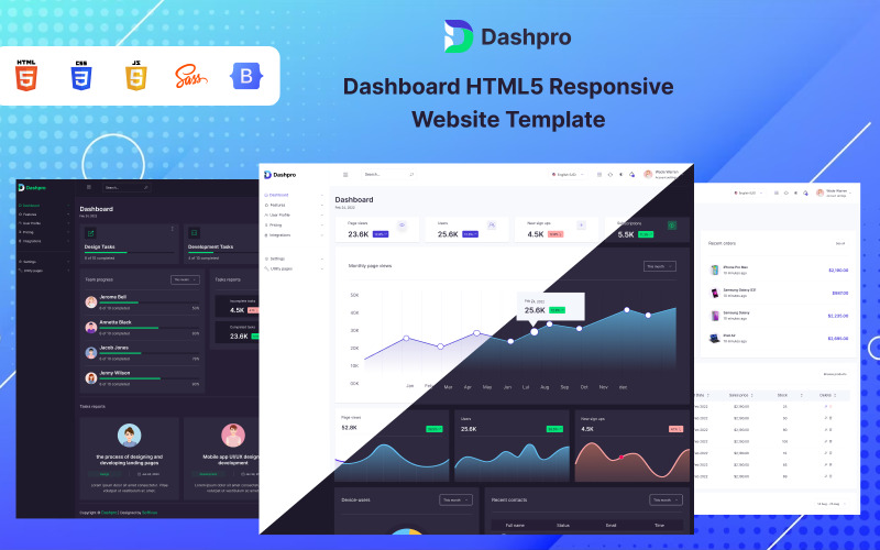 Dashpro - Адаптивный HTML 5 шаблон веб-сайта Dashboard