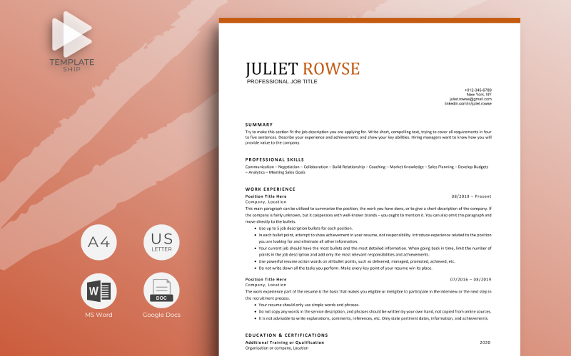 Modello di curriculum professionale Juliet Rowse