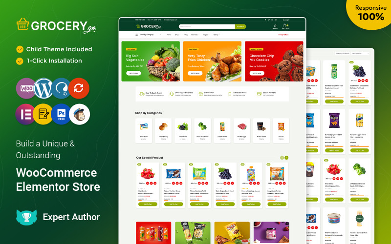 Grocerygo - Loja multiuso de mercearia e supermercado WooCommerce Elementor 响应 Theme