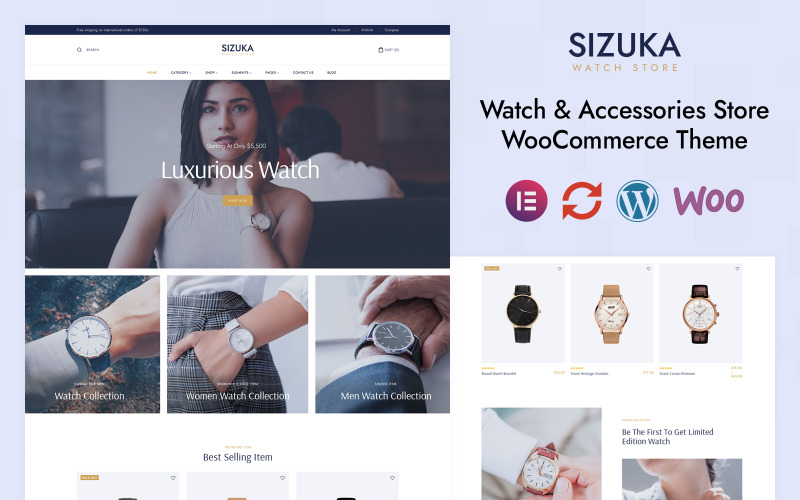 Sizuka - Роскошный магазин часов Elementor Адаптивная тема для WooCommerce