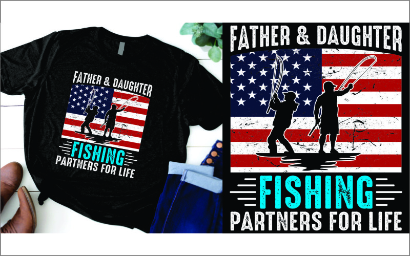 Padre e hija pesca socios para la vida día del padre con bandera de EE. UU. Tee playera