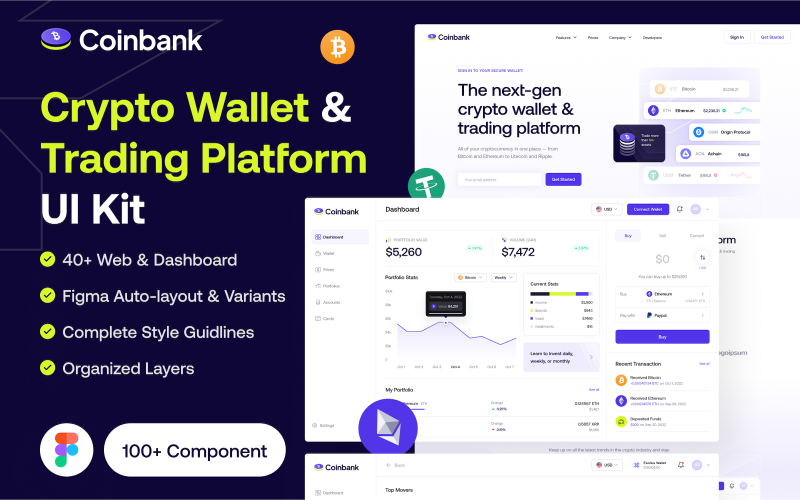 Coinbank - Kit di interfaccia utente del sito web della piattaforma di trading e portafoglio crittografico moderno